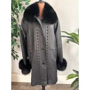 Vintage High End Black Leather Long Coat Fox Collar‎ & Wrist Jacket Women Med
